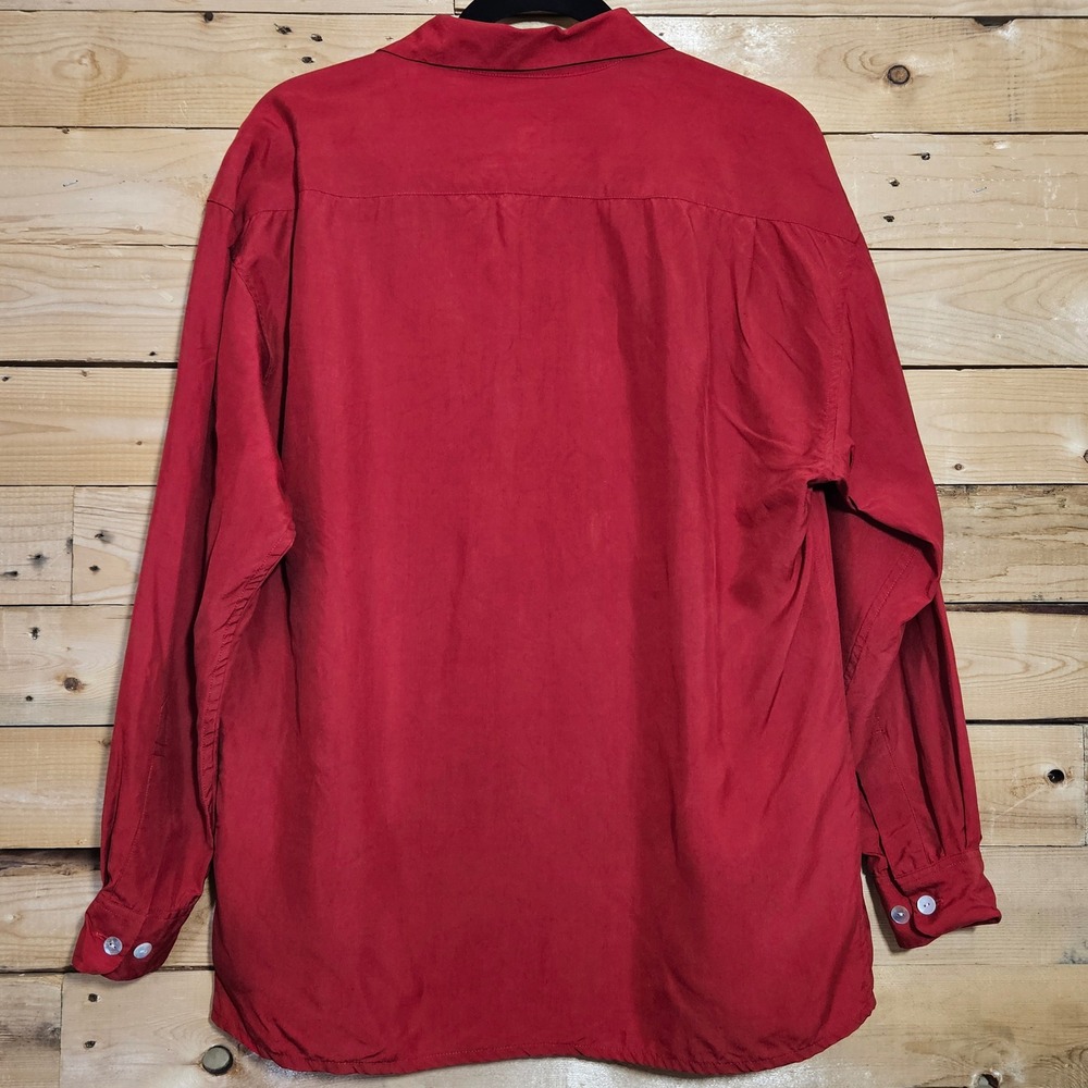 Henri Bendel Red 100% Silk Button Down Shirt Long Sleeve Mother of Pearl Mens M - Picture 2 of 7